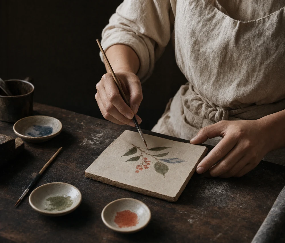 Qi.Zen.Art atölyesinde seramik karo üzerine bitkisel motif işleyen sanatçı